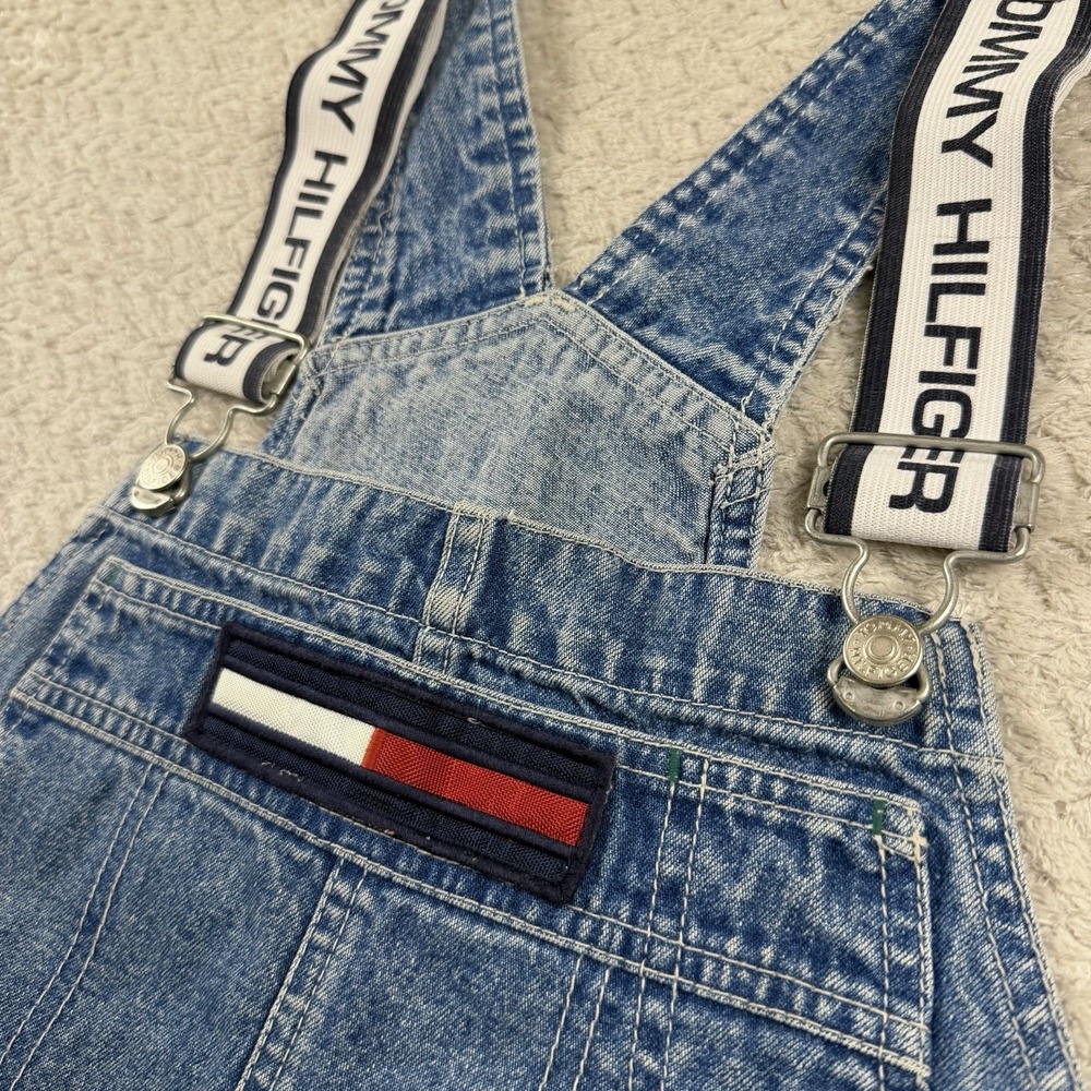 Vintage Tommy Hilfiger Denim Shortalls Womens Large Blue Logo Straps 90s Y2K - Picture 8 of 16